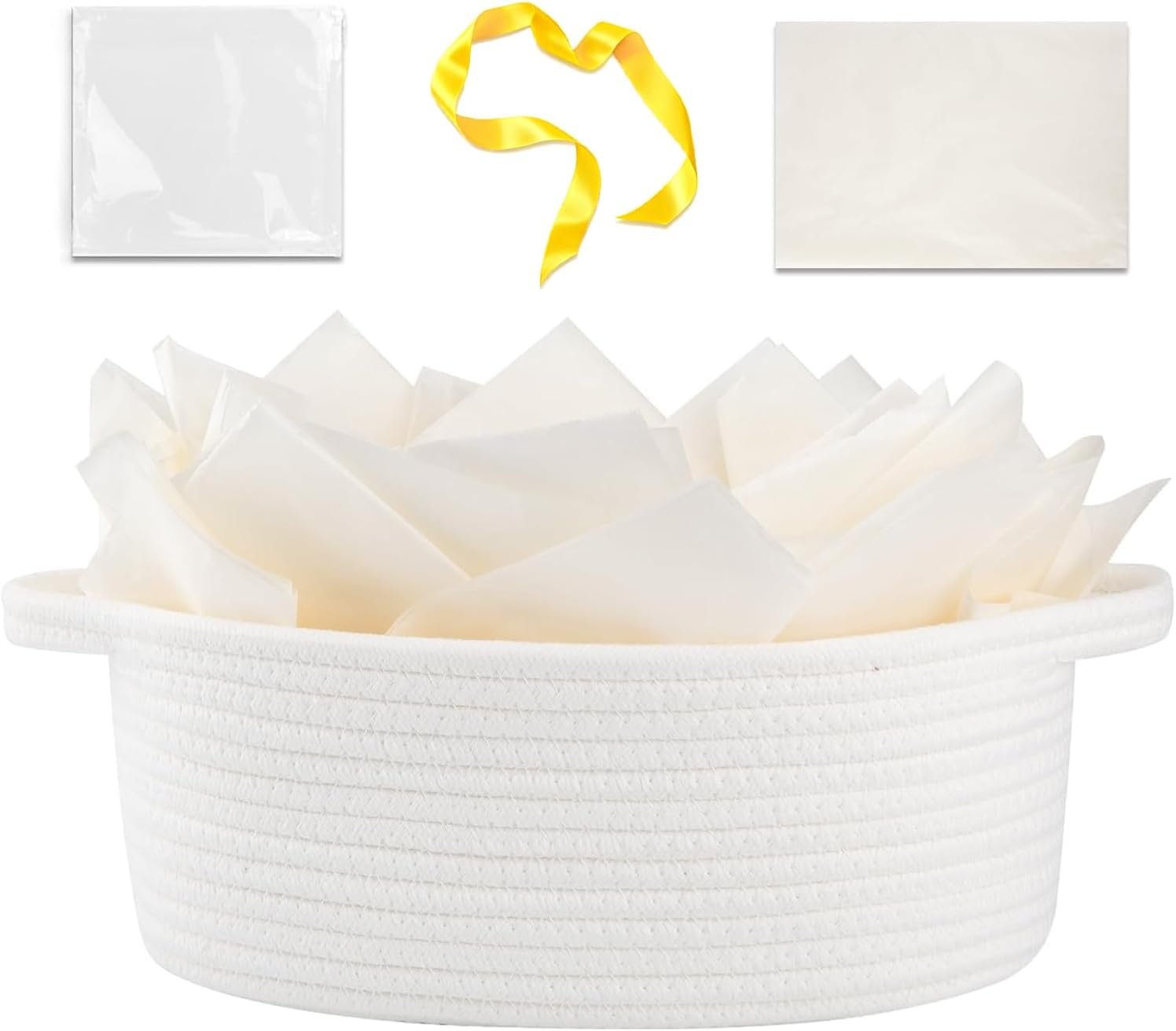 OIAHOMY Gift Basket with Handle, Small Woven Basket with Gift Bag, Ribbon and Wrap Tissue Paper, Nursery Bins Empty to Fill with Small Items, Baby, Pet Toy Organizer - White