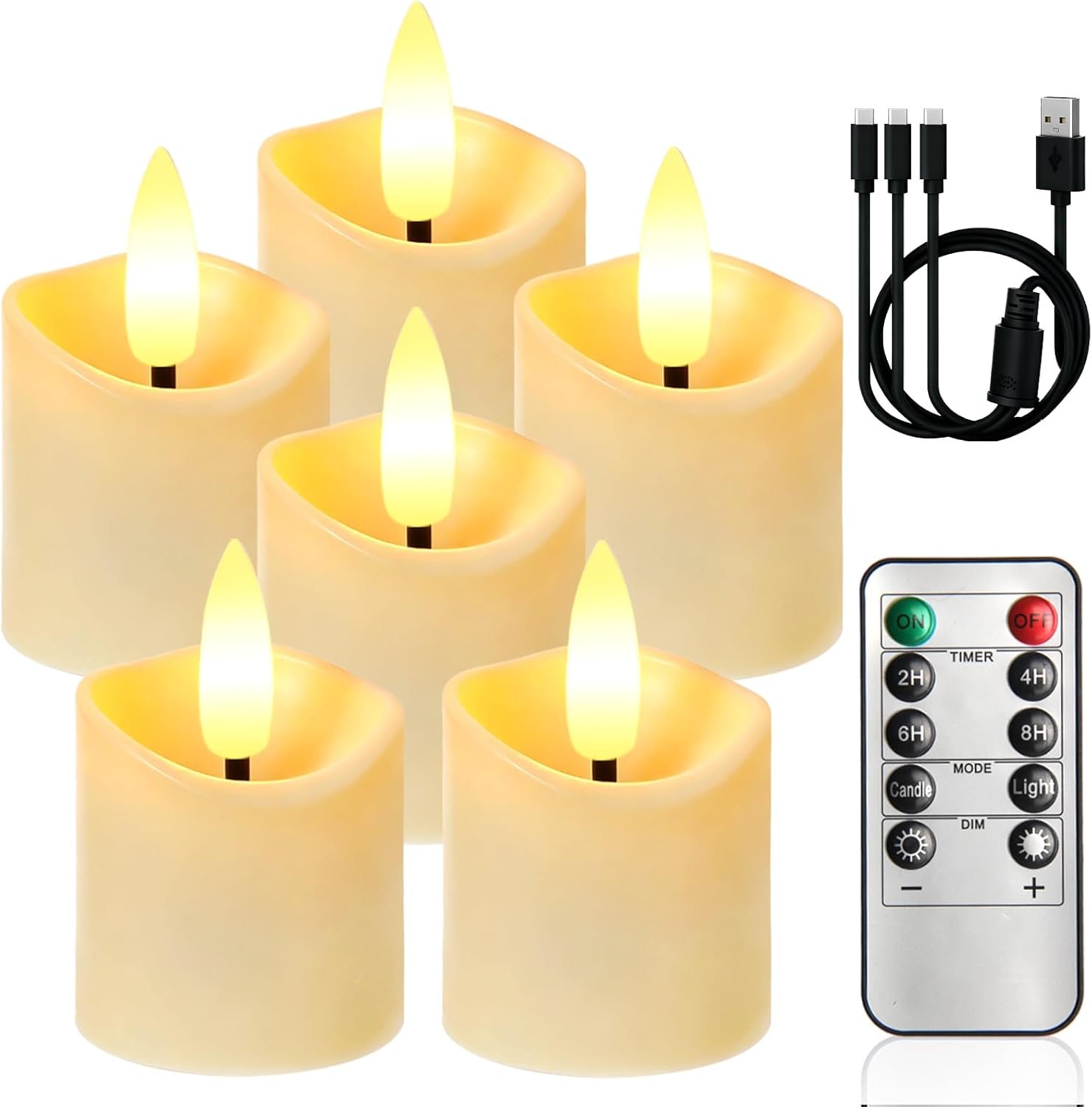 Rechargeable Flameless Candles, 2/4/6/8H Timer LED Tea Light Candles, 6 PCS Votive Electric Fake Candles Battery Operated with Timer Remote for Table, Wedding, Christmas (USB Charging Cable Included)