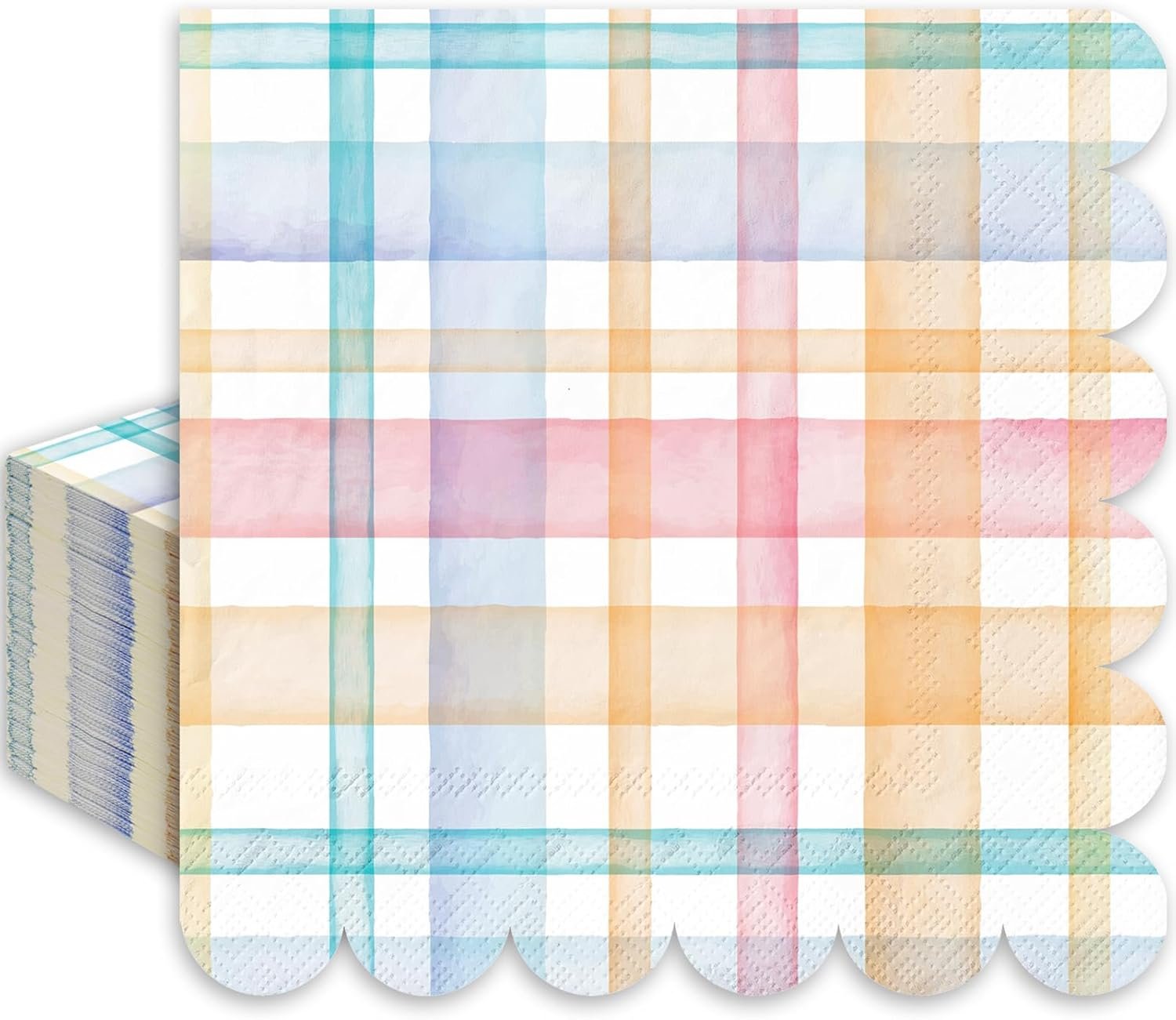 100Pcs Pastel Plaid Cocktail Napkins Rainbow Gingham Scalloped Disposable Napkin Colorful Checkered Beverage Napkin for Wedding Birthday Baby Shower