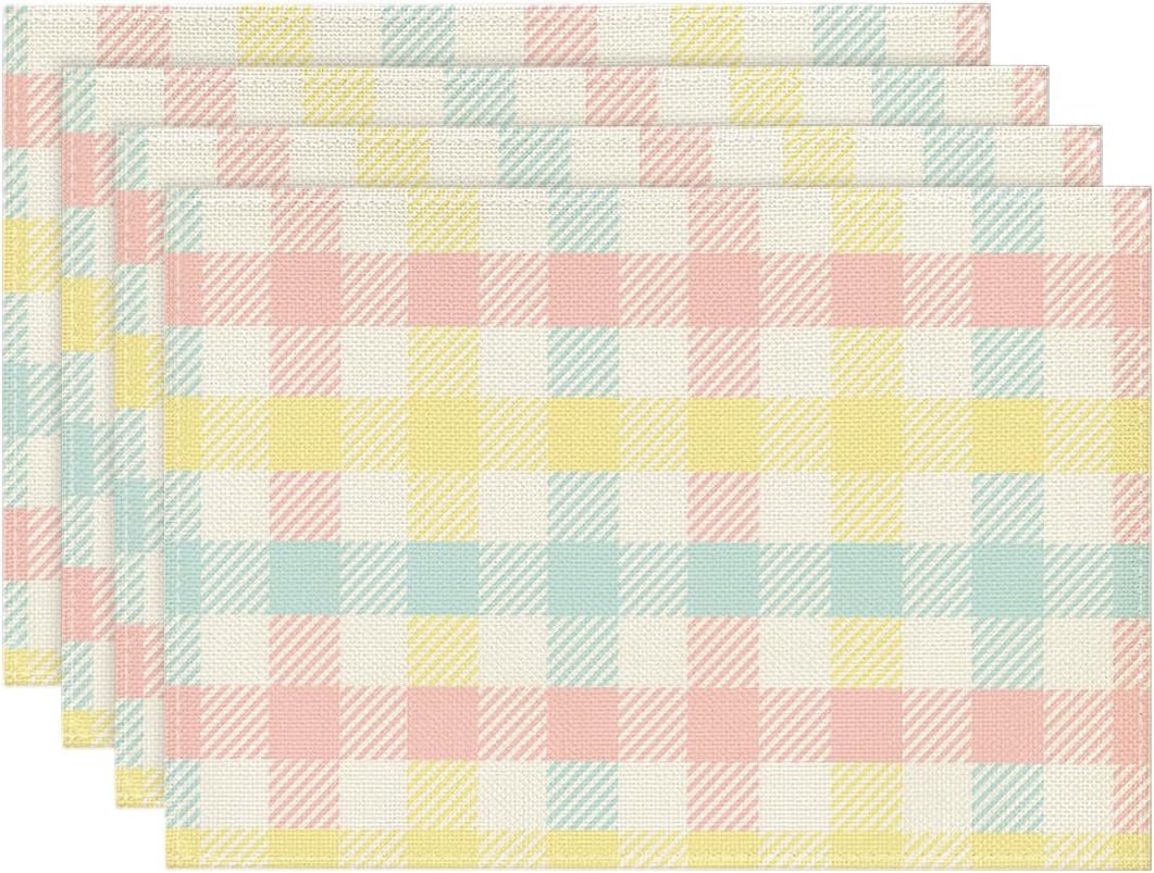 Artoid Mode Blue Pink Yellow Buffalo Plaid Placemats Set of 4, 12x18 Inch Seasonal Easter Table Mats for Party Kitchen Dining Decoration