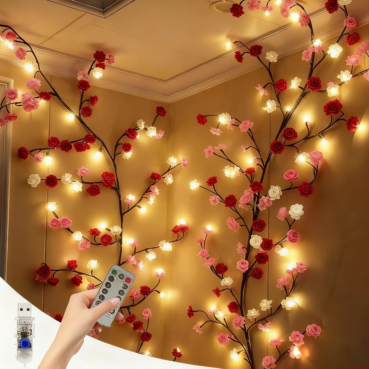 LED Tree Branch Lights for Wall Rose Lights with Remote and 8 Lighting Modes Rose Garland Willow Rose Vine Light for Bedroom Indoor Wall Wedding Valentines Day Decor (Rose 2.3M 144LEDs)