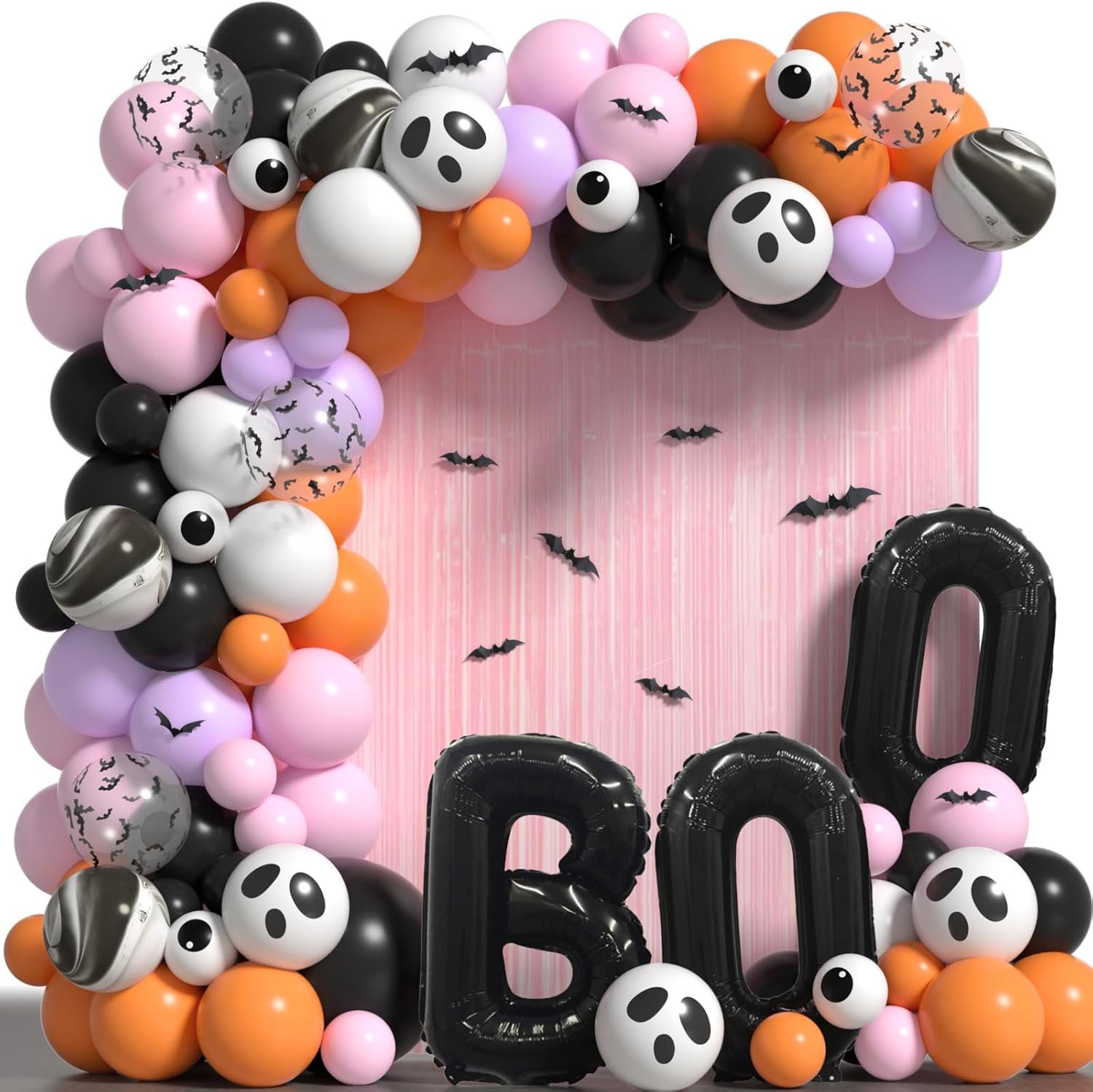Pink Halloween Balloon Arch Kit for Halloween Baby Shower Birthday Decorations - Multi Colors & Different Sizes Halloween Balloons Garland with 12Pcs 3D Bat Stickers Fringe Curtains and B00 Balloons