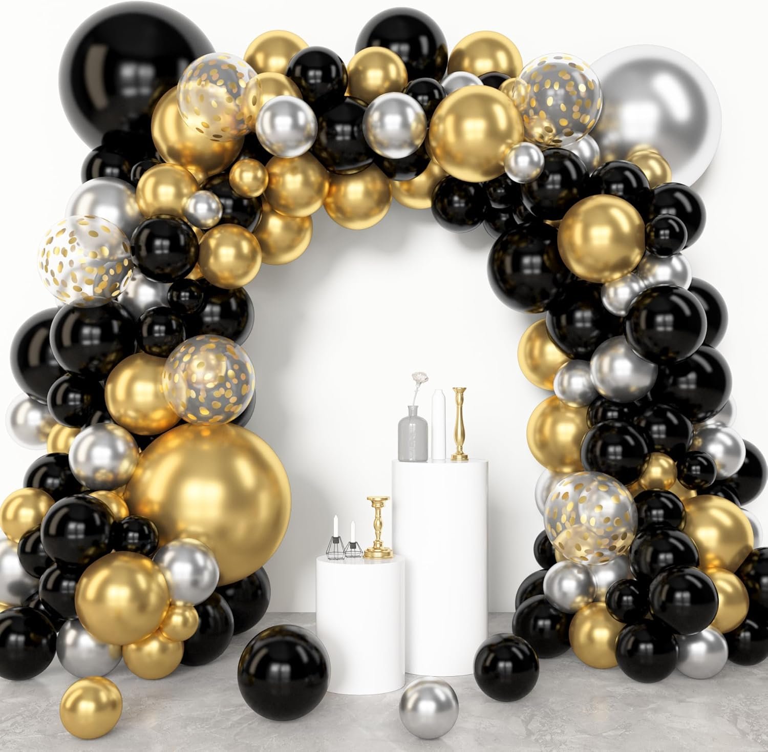 Amandir 153pcs Black and Gold Balloons Arch Garland Kit Different Sizes 18 12 10 5inch Silver Latex Metallic Confetti Balloons for Happy New Years Decorations 2026 Birthday New Year Eve Party Supplies