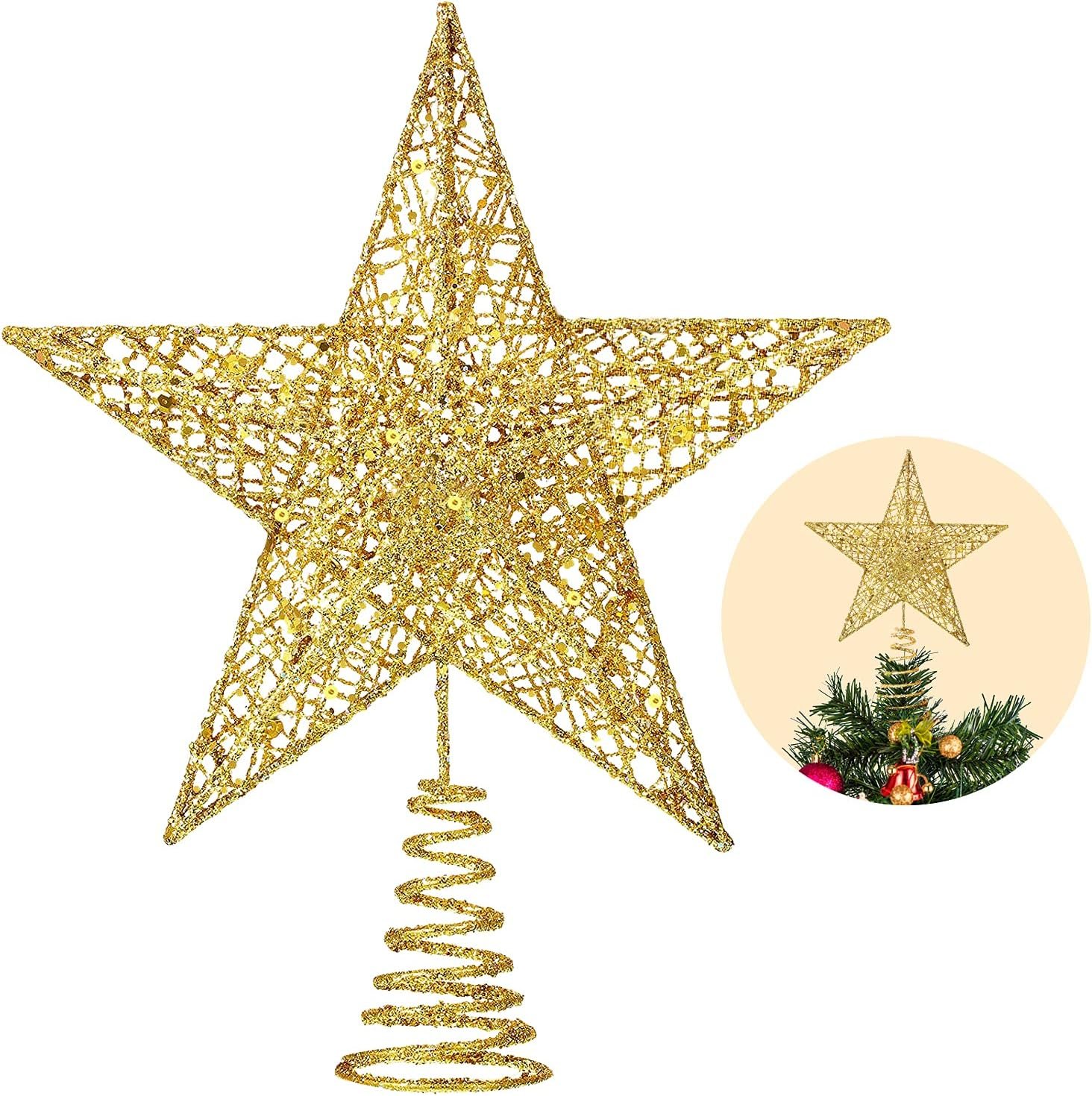 Christmas Tree Toppers Xmas Glitter Gold Hollow Star Treetop Topper for Christmas Tree Decoration. 1