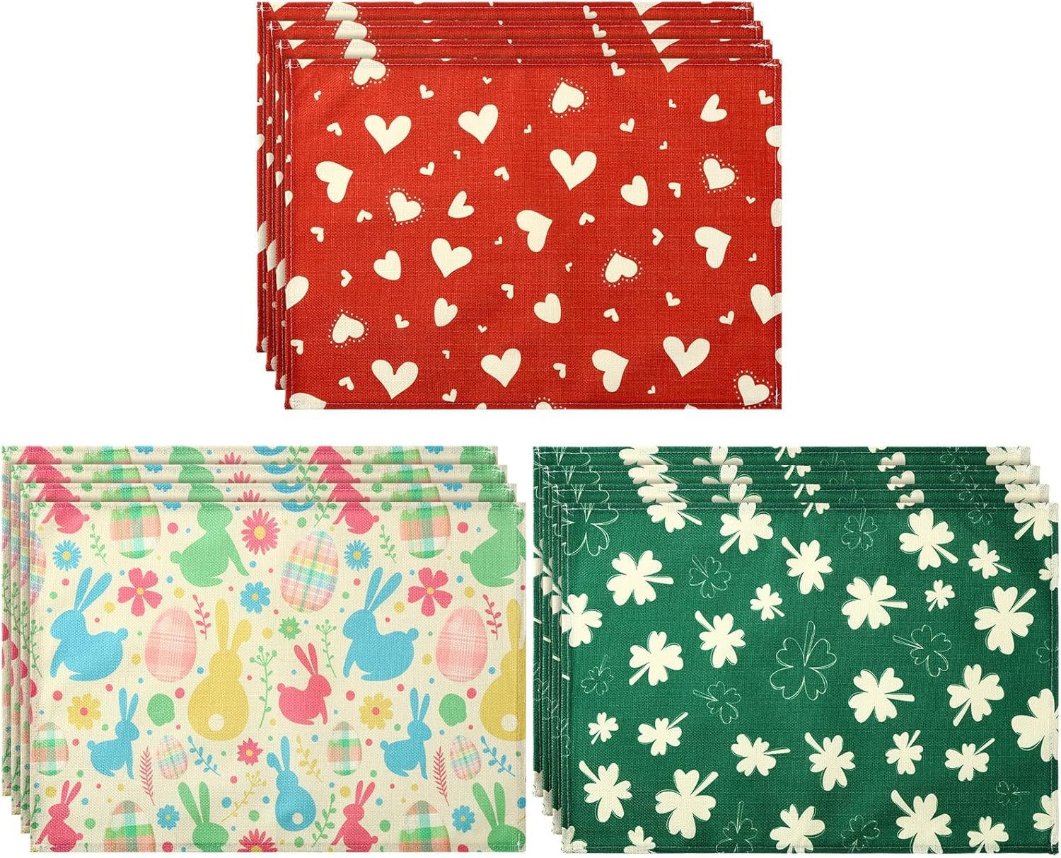 12 Pcs Love St. Patrick's Day Easter Valentine's Day Shamrock Clover Placemats 18 x 12 Inch Burlap Washable Kitchen Dining Table Place Mats for Home Seasonal Farmhouse Holiday(Fresh)