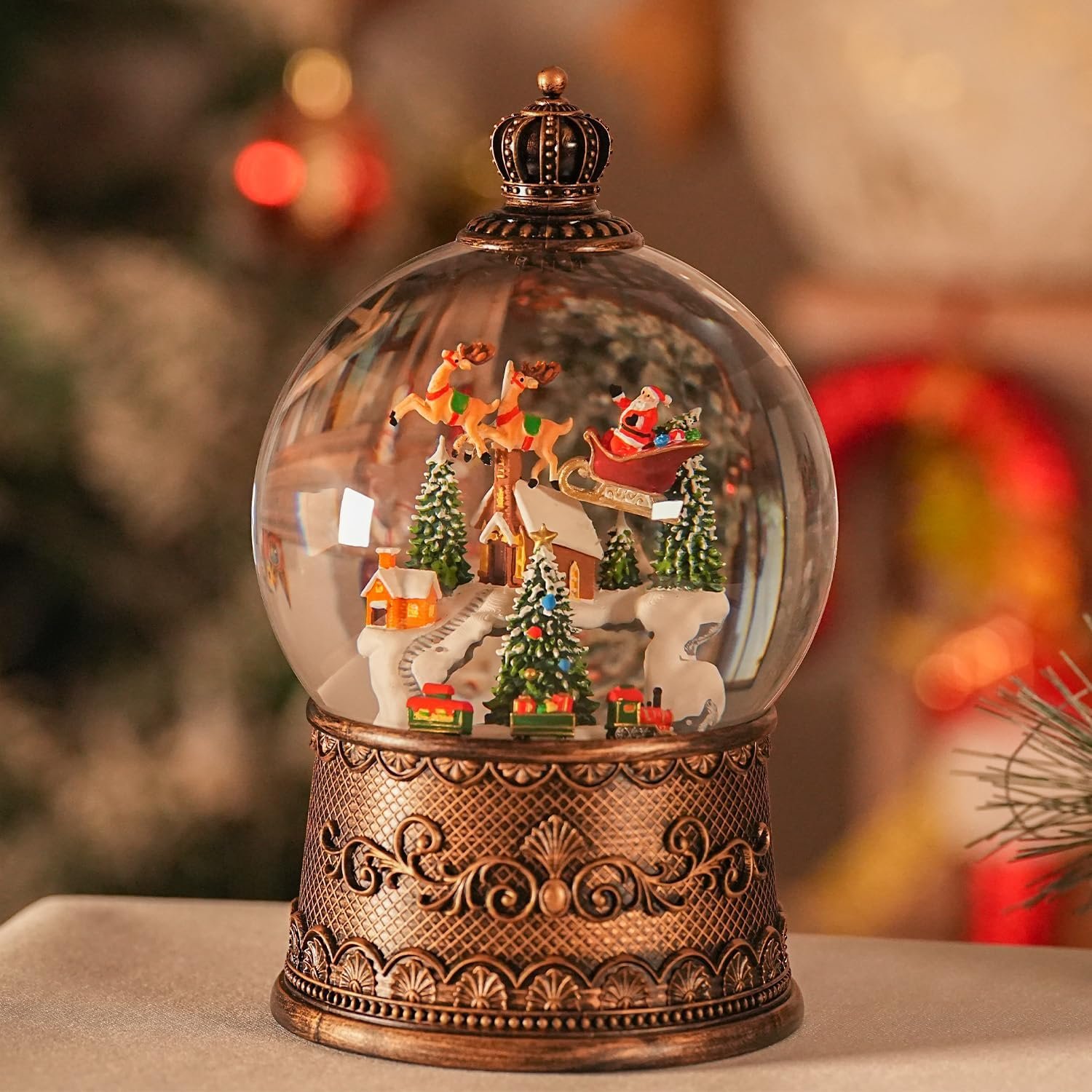 Snow Globe Christmas with Elk, Lighted Christmas Snow Globes with Timer, Swirling Musical Glittering Snowglobe Lantern for Decorations(SnowTrain Elk)