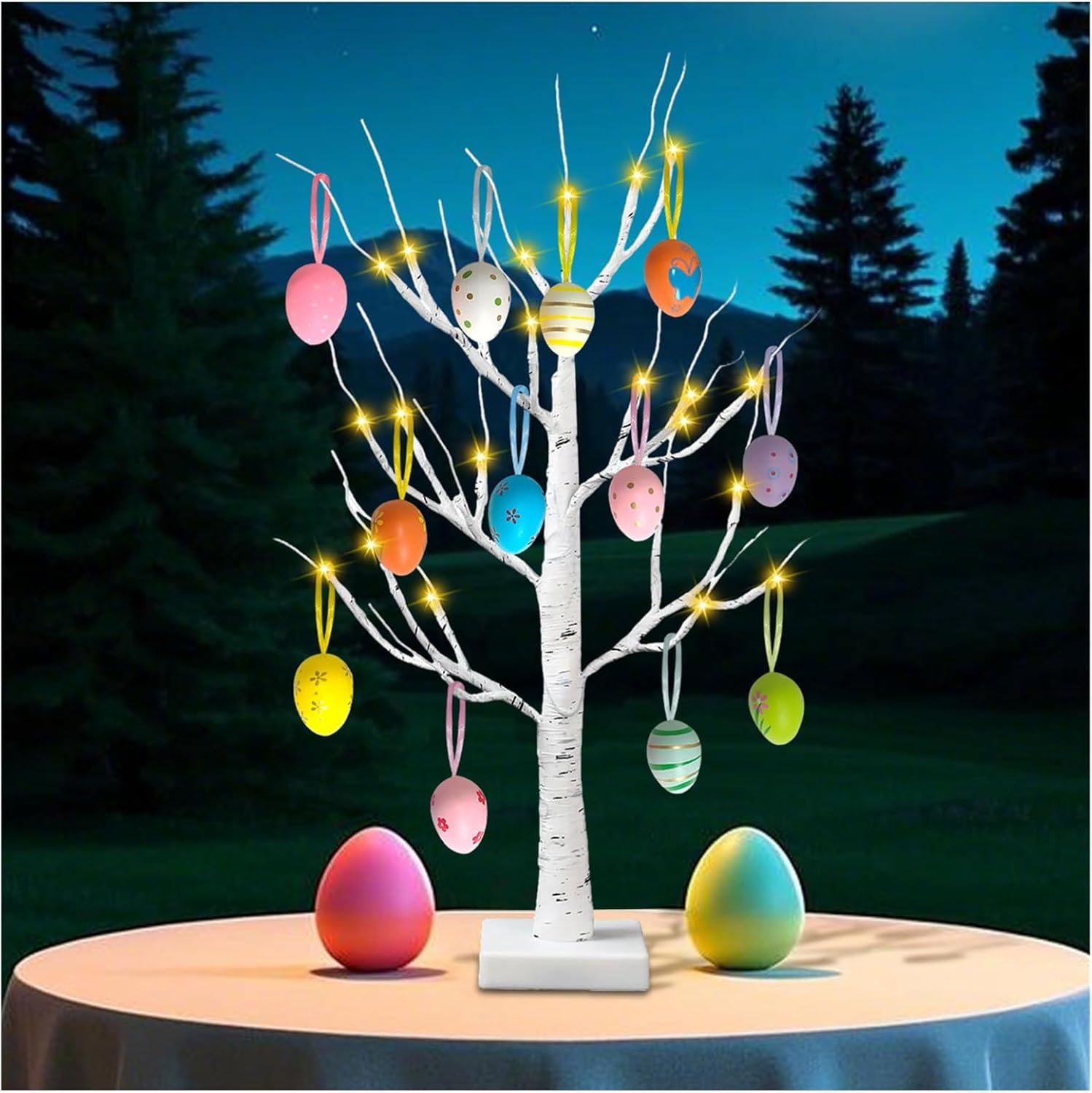 Easter Lighted Tree Decoration Easter Egg Tree with 12 Hanging Easter Egg Ornaments for Party Birthday Home Spring Decoration