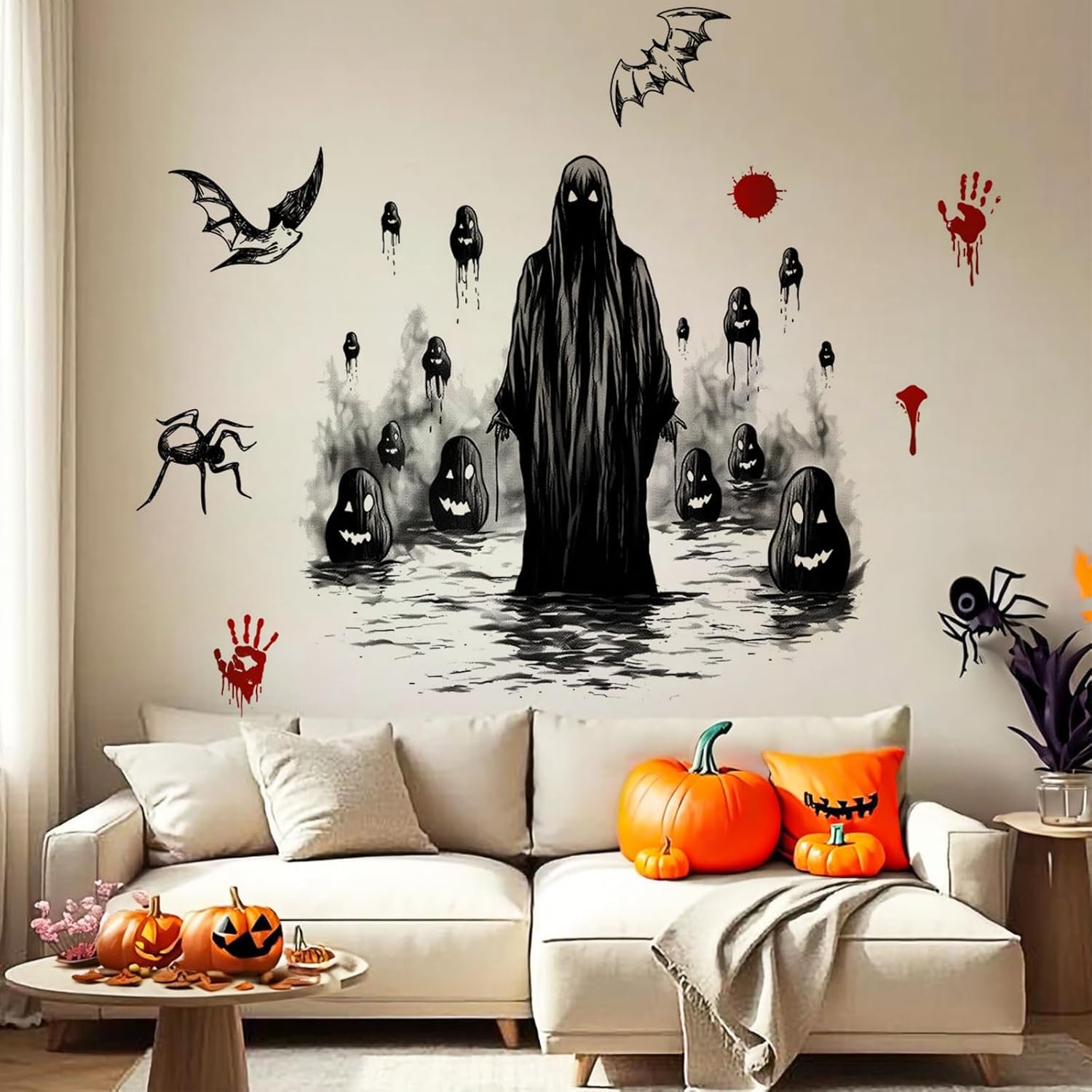 Halloween Wall Decals Ghost Wall Decoration Self-Adhesive Horror Wall Stickers Spooky Pumpkin Spiders Bat Room Mural Stickers for Living Room Kitchen Decor Halloween Party Supplies 1 Large Sheets