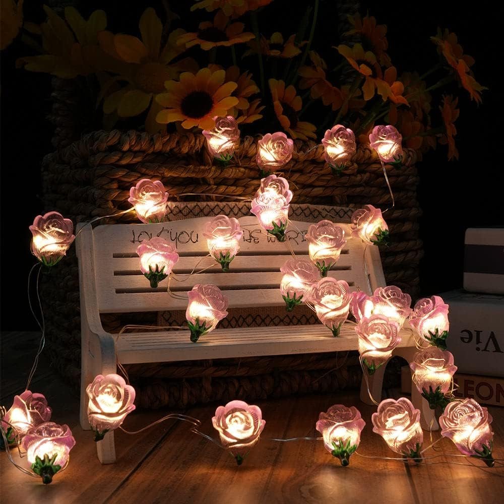 Pink Rose Flower String Lights, 13FT 40LED Battery Operated Fairy Light Romantic Valentine's Day Decor, Decorative Fairy Lights for Wedding Indoor Anniversary Home Hanging Party Decoration