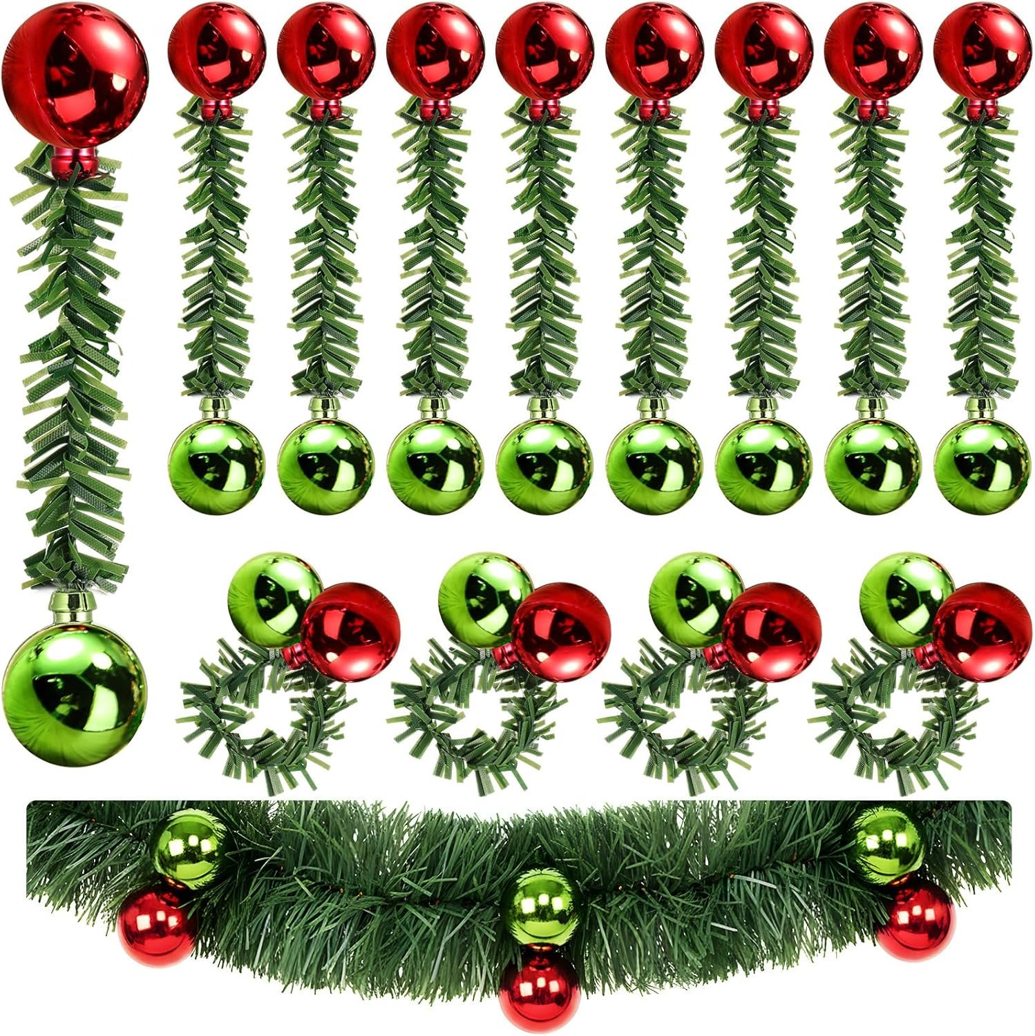 Weysat 24 Pcs Christmas Ball Garland Ties Artificial Pine Needles Tinsel Christmas Tree Decor 6 in Tinsel Ties with Bulb Arrangements for Xmas Tree Decoration Craft Gift Wrapping(Red,Green)