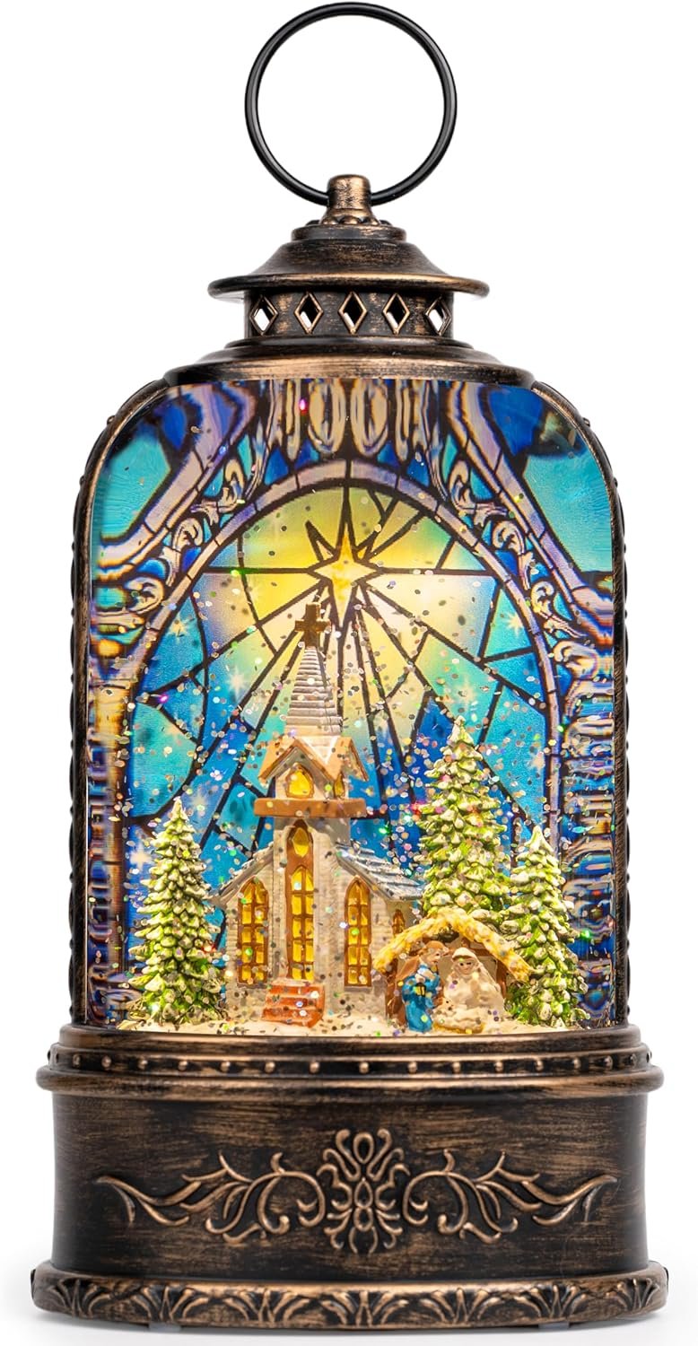 Christmas Snow Globe Lantern Water Glittering Churches & Holy Family with Music& Timer, USB Lined/Battery Operated Lighted Lantern for Christmas Festival Decoration Gifts