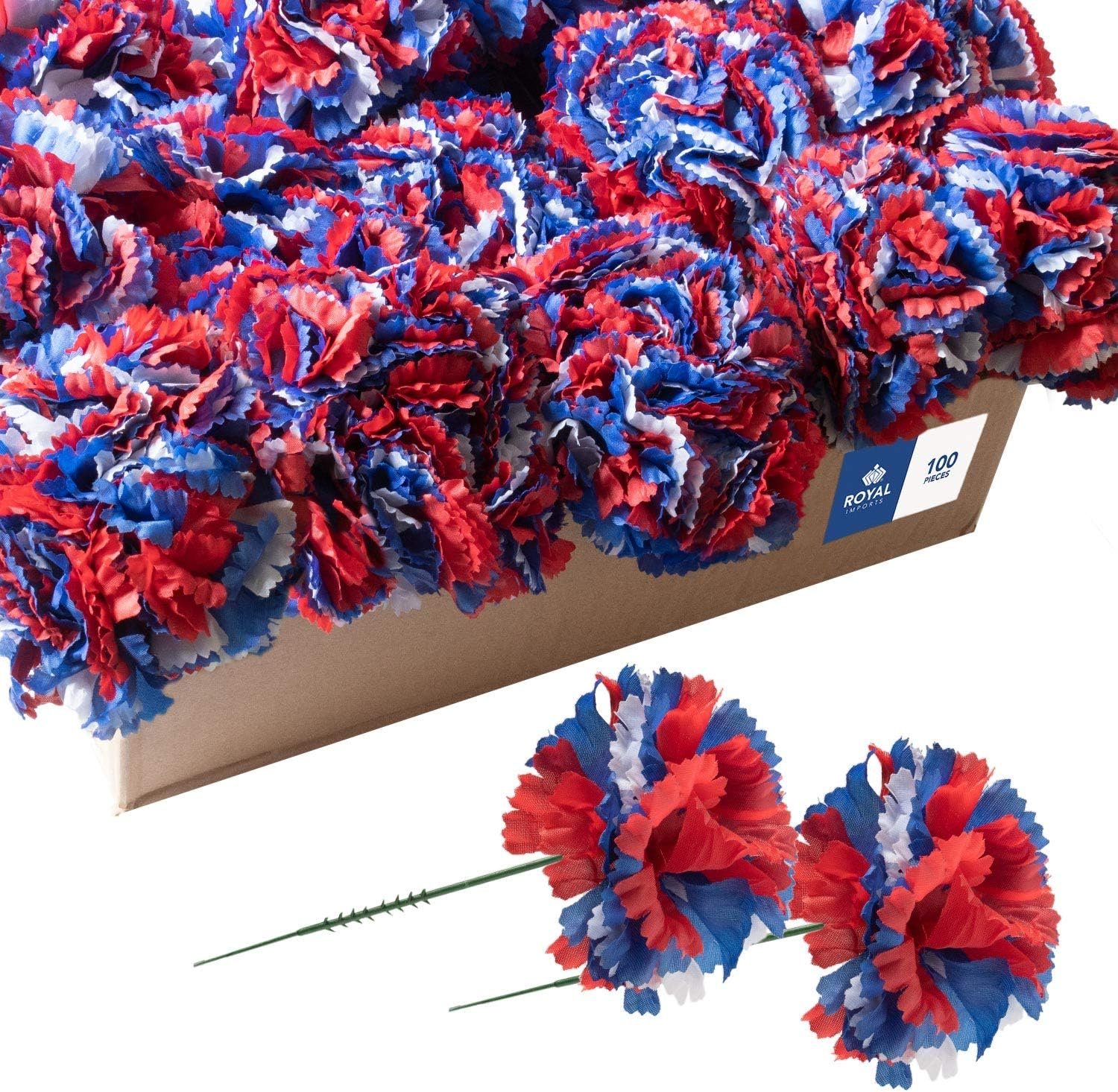 Royal Imports Artificial Carnations, Memorial Day, for Funeral Arrangements, Wedding Bouquets, Cemetery Wreaths, DIY Crafts - 100 Single 5" Stems - Red-Blue-White