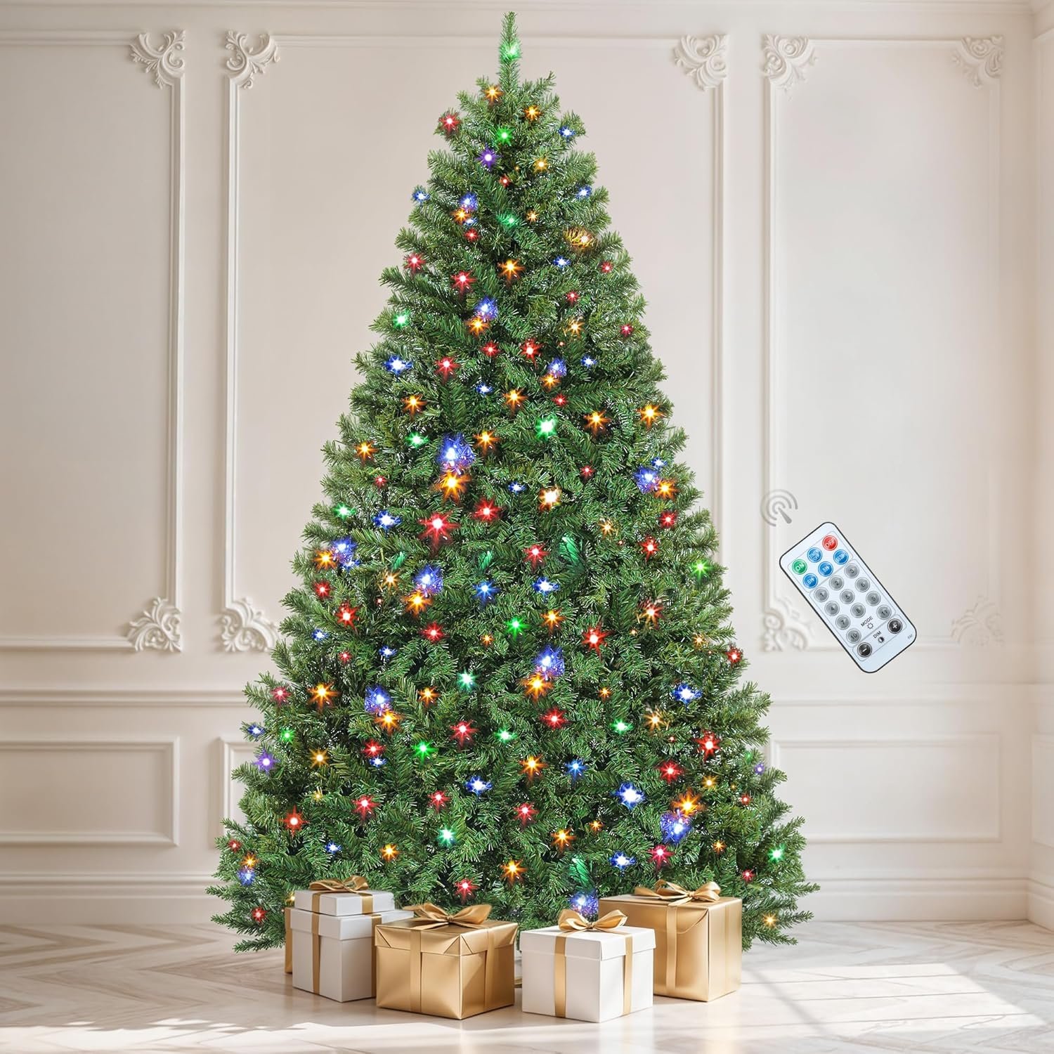 DWVO 6ft Pre-lit Artificial Christmas Tree, Spruce Prelit Christmas Trees for Home, Office, Party with 1000 Thickened Branch Tips & 250 UL Listed Lights Green, Automatic Branches with Remote Control