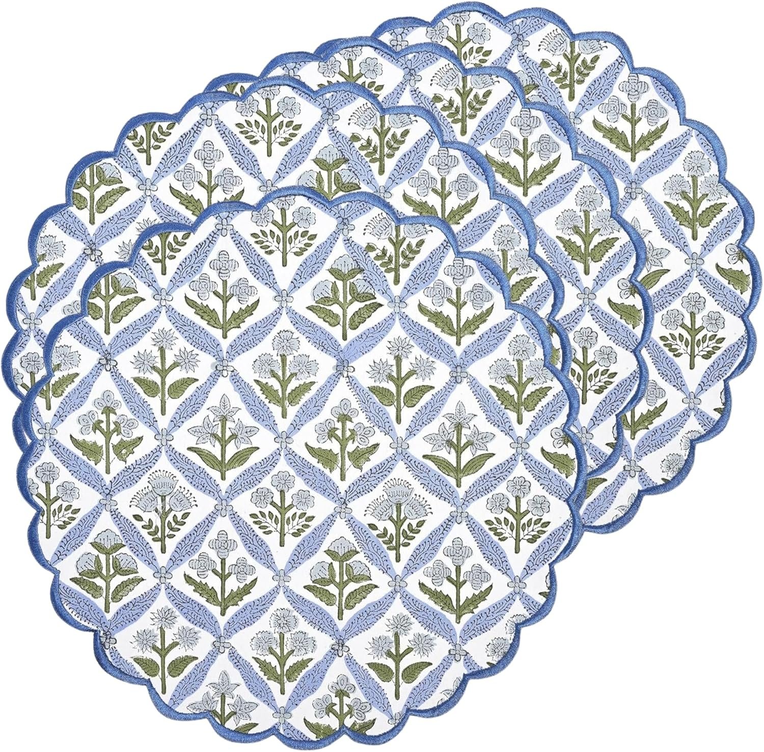 Ridhi Bo-ho Round Place Mat Easter Floral Cotton Washable Placemats 15" Round Embroidery Block Print Table Mat (Pack of 4-15 Inch Round, Light Steel Blue)