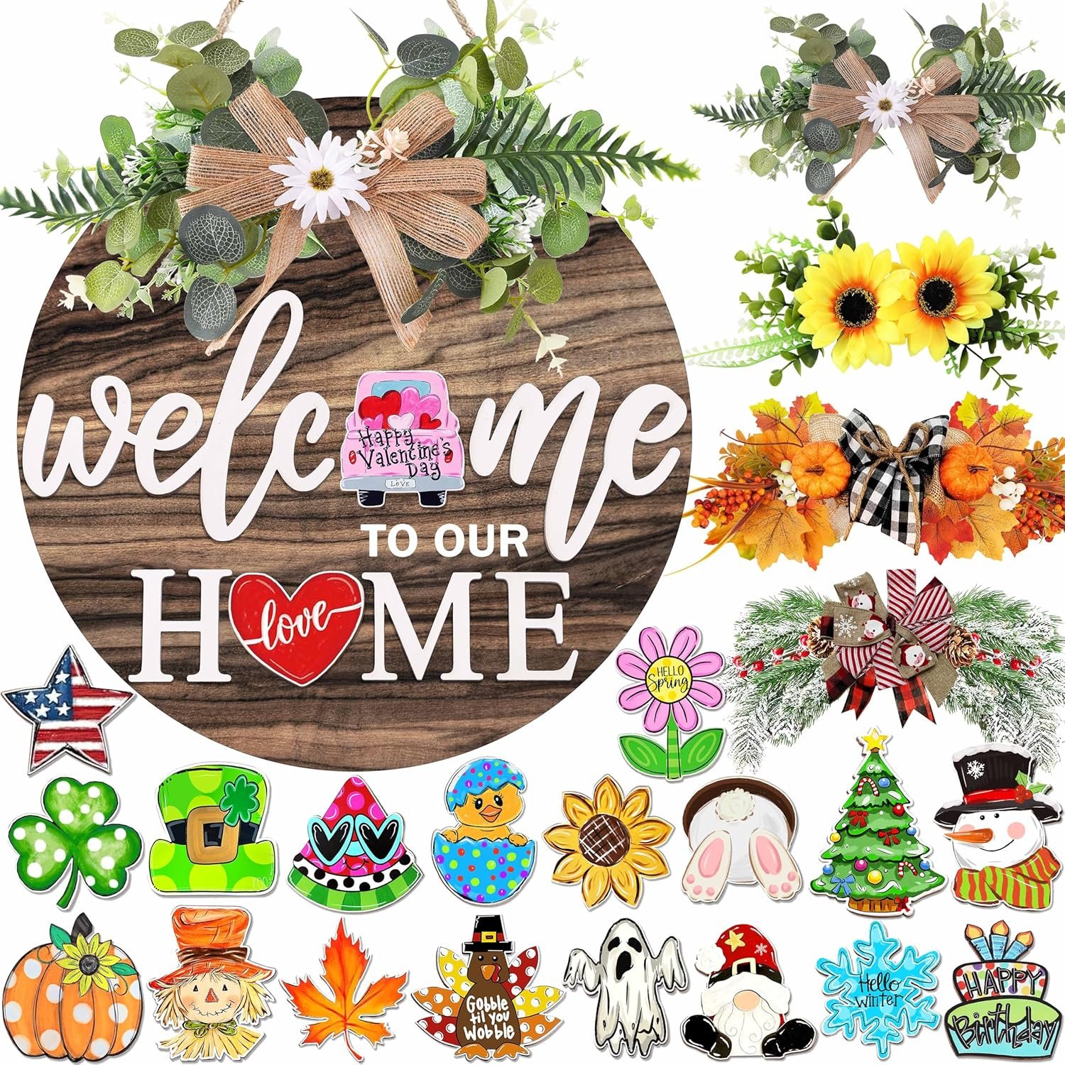 Interchangeable Welcome Sign for Front Door with 4 Seasonal Wreaths and 21 Changeable Icons, Farmhouse Rustic Outdoor Welcome Signs Porch, Holiday Spring Summer Winter Fall Decorations for Home Gifts